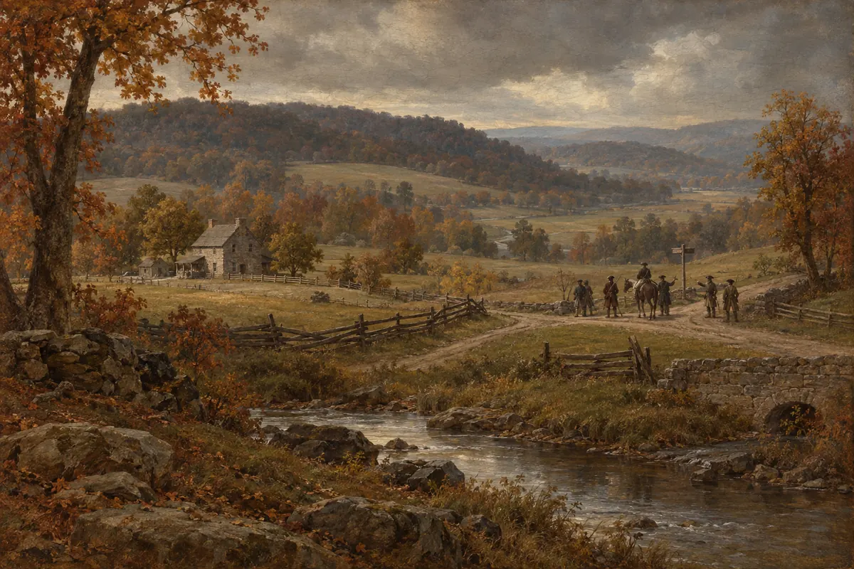 Interpretive oil painting of an autumn farm road and creek in the Brandywine landscape, with distant eighteenth-century figures.