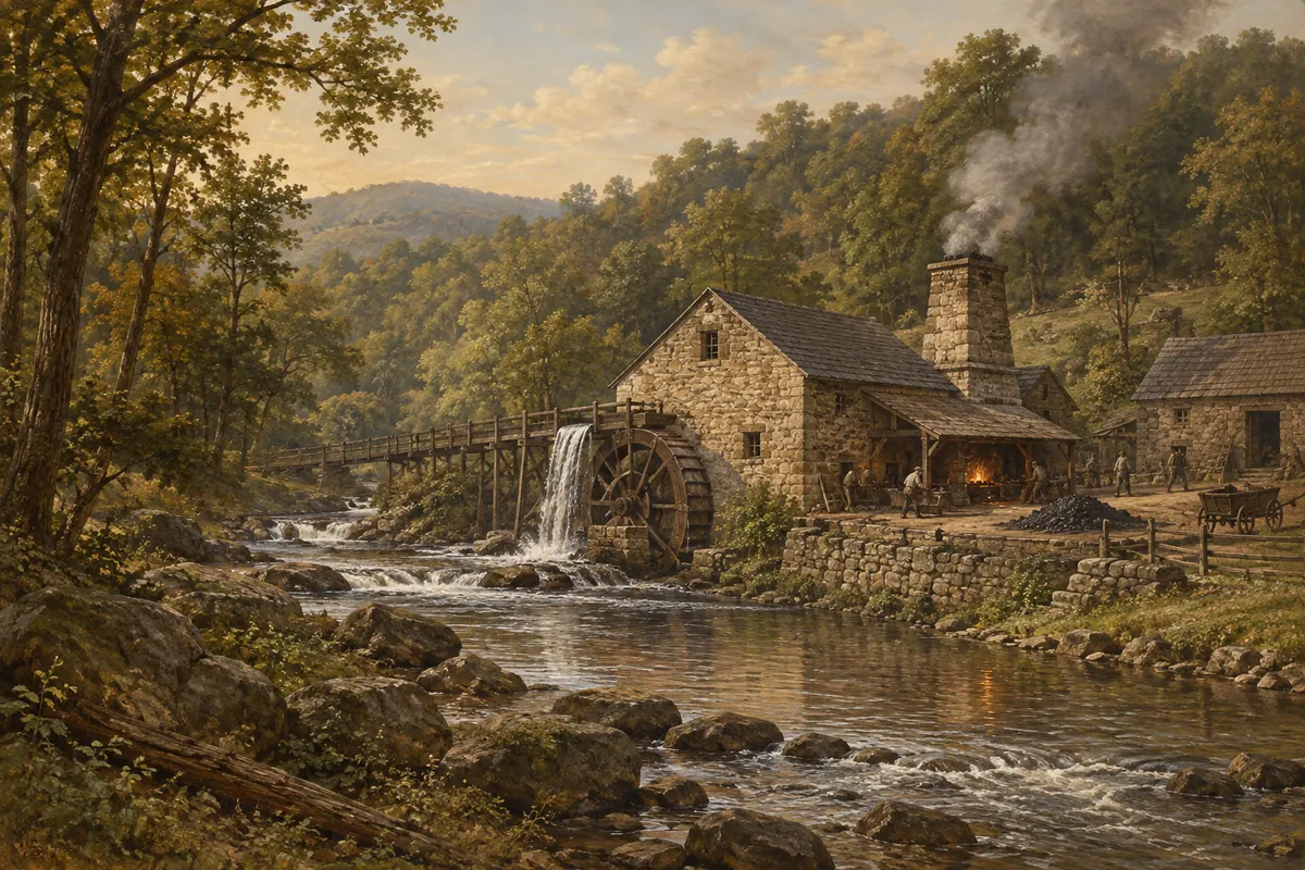 Interpretive oil painting of an early nineteenth-century stone forge and waterwheel beside a wooded creek.