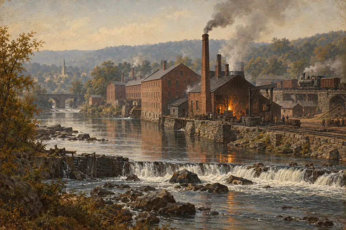 Interpretive oil painting of a nineteenth-century riverside ironworking town with brick mills and a railroad.