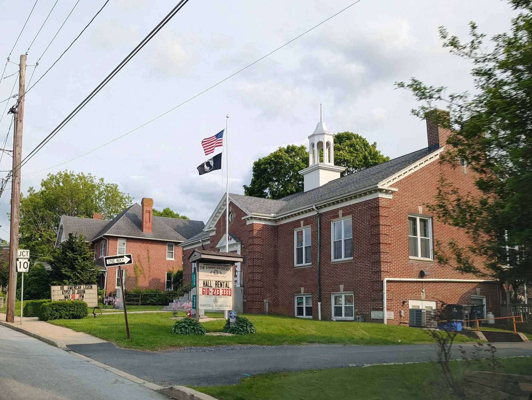 The American Legion hall in Honey Brook, photographed from Horseshoe Pike in June 2025.