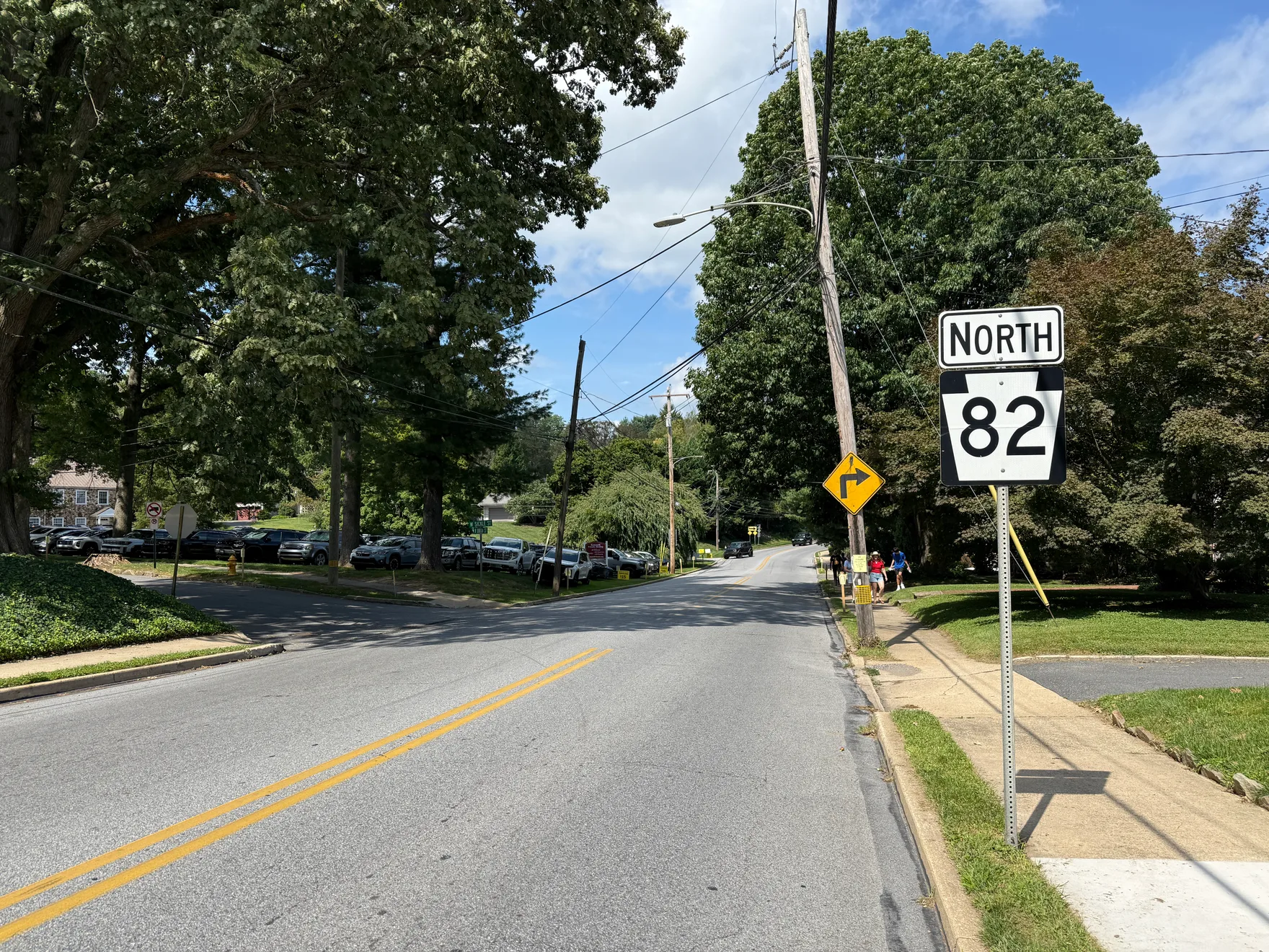 Northbound Pennsylvania Route 82 on Union Street at West Sickle Street in Kennett Square, photographed in September 2026.
