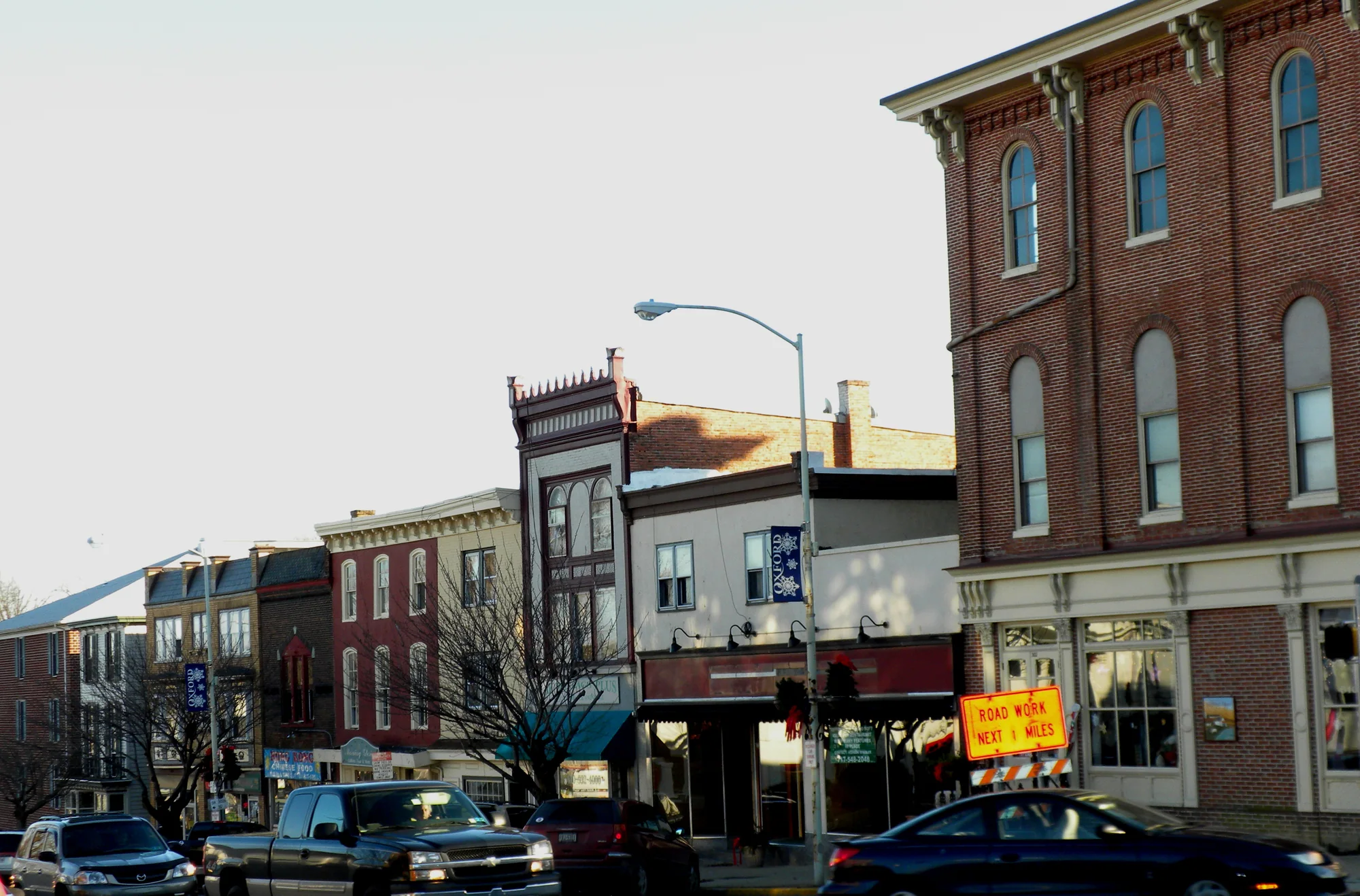 Oxford downtown storefronts across from Oxford Hotel, photographed in December 2009.